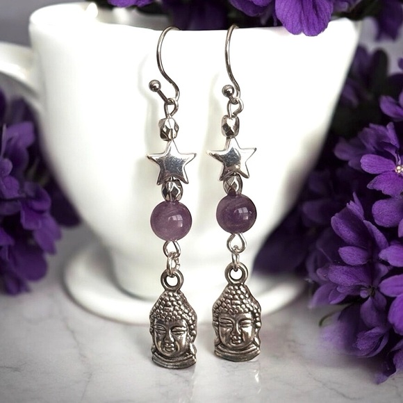 5 For $25💫Silver Plated Buddha Dangles with an Amethyst Bead Accent - Picture 1 of 3